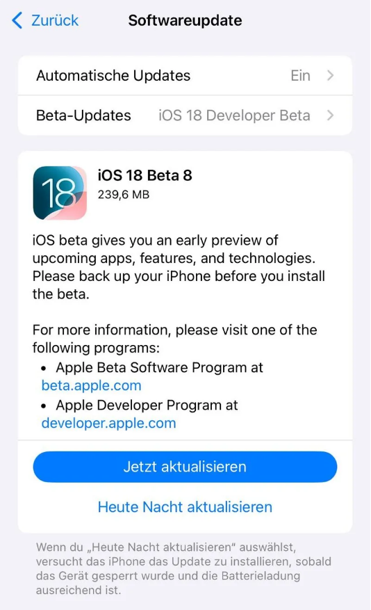 苏仙苹果手机维修分享苹果 iOS / iPadOS 18 开发者预览版 Beta 8 发布 